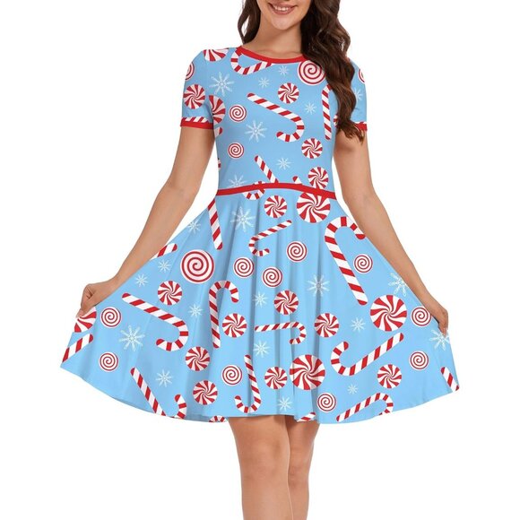 Women Ugly Christmas Santa Dress Blue Candy Cane Holiday Print Dress for Xmas - Picture 1 of 5